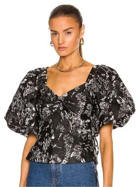 Johnathan Simkhai - Taylor Black Puff-Sleeve Floral-Print V-Neck Cocktail Blouse